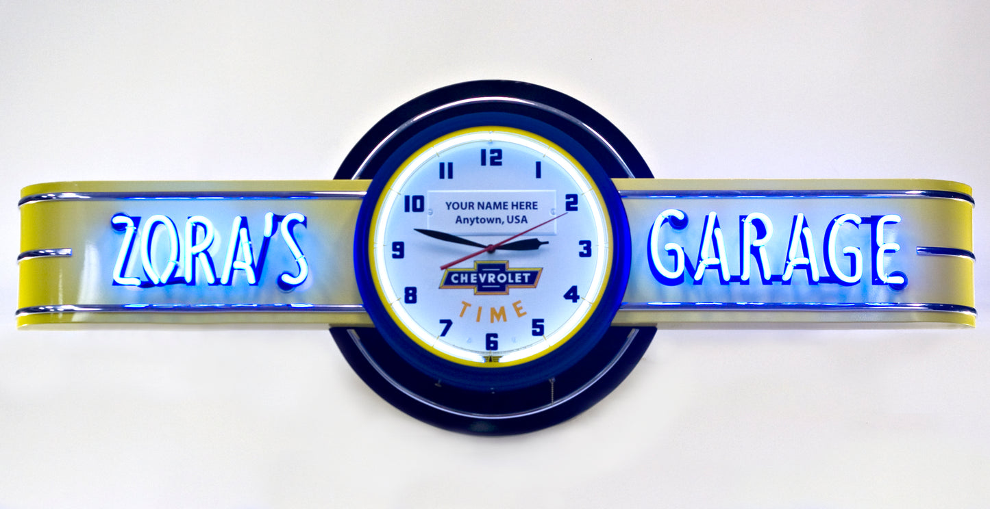 YOUR NAME GARAGE - CUSTOM Chevy Time Neon Clock Sign