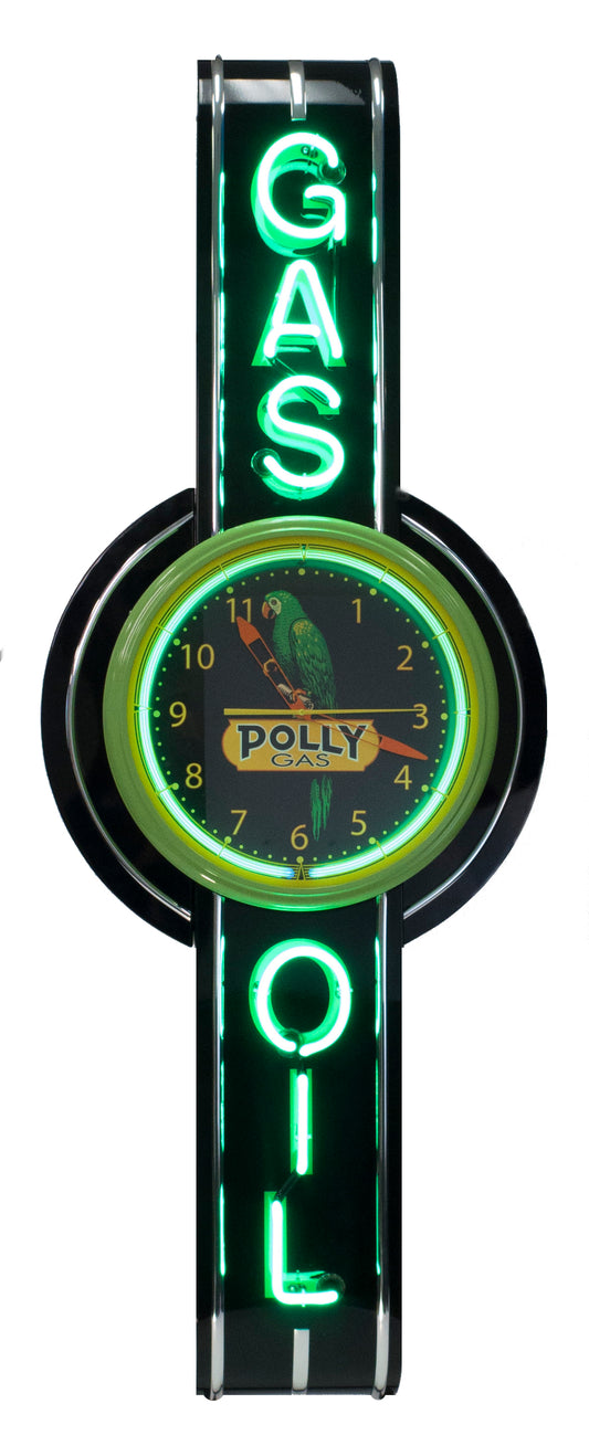GAS OIL Pollygas Vertical Neon Clock Sign