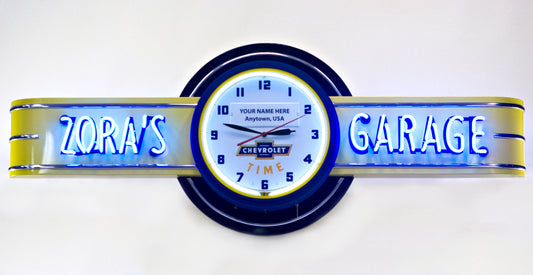 YOUR NAME GARAGE - CUSTOM Chevy Time Neon Clock Sign