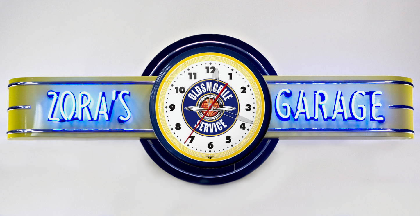 YOUR NAME GARAGE - CUSTOM Oldsmobile Neon Clock Sign